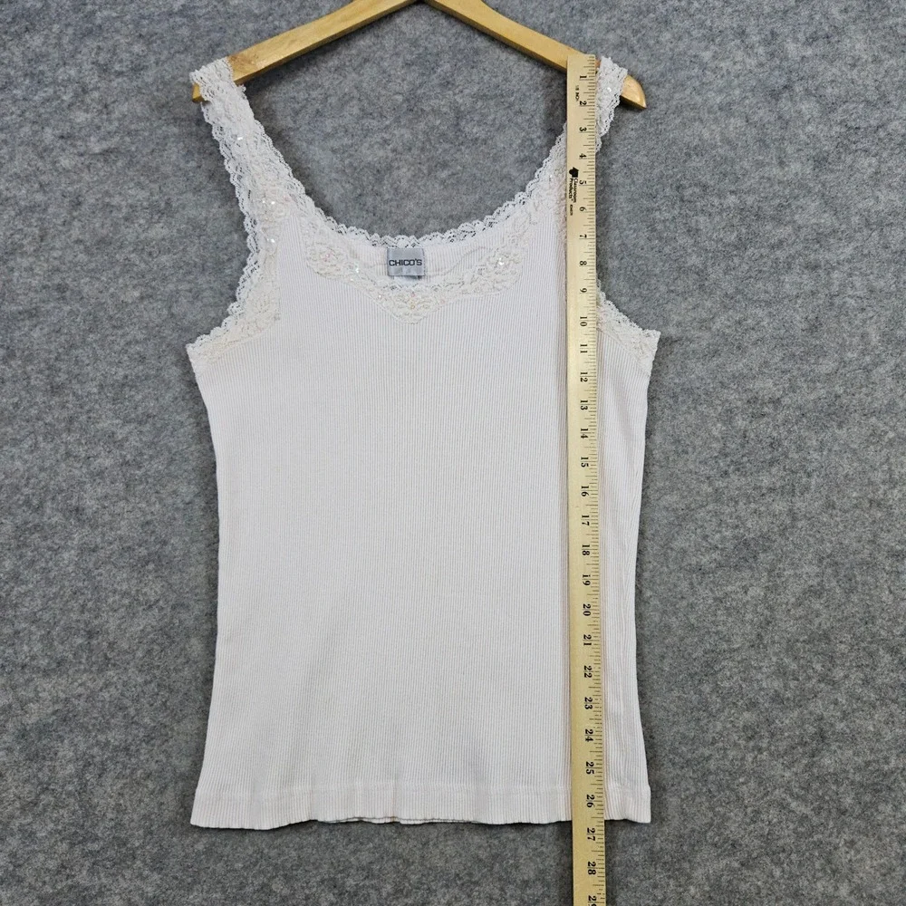 Chico's Women's Pale Pink Tank Top‎ Size 3 (XL) Lace Trim Beaded Sequined Ribbed